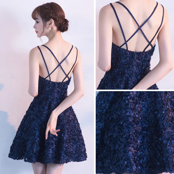 Modern / Fashion Formal Dresses 2017 Party Dresses Navy Blue Short A-Line / Princess V-Neck Sleeveless Backless Appliques Flower Sequins