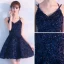 Modern / Fashion Formal Dresses 2017 Party Dresses Navy Blue Short A-Line / Princess V-Neck Sleeveless Backless Appliques Flower Sequins