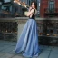 Chic / Beautiful Evening Party Formal Dresses 2017 Evening Dresses  Ocean Blue Black A-Line / Princess Floor-Length / Long V-Neck Sleeveless Backless Embroidered