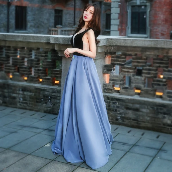 Chic / Beautiful Evening Party Formal Dresses 2017 Evening Dresses Ocean Blue Black A-Line / Princess Floor-Length / Long V-Neck Sleeveless Backless Embroidered