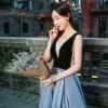 Chic / Beautiful Evening Party Formal Dresses 2017 Evening Dresses  Ocean Blue Black A-Line / Princess Floor-Length / Long V-Neck Sleeveless Backless Embroidered