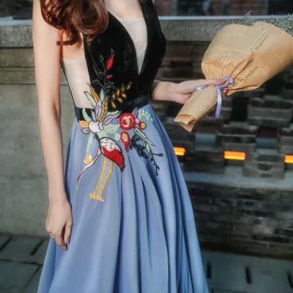 Chic / Beautiful Evening Party Formal Dresses 2017 Evening Dresses Ocean Blue Black A-Line / Princess Floor-Length / Long V-Neck Sleeveless Backless Embroidered
