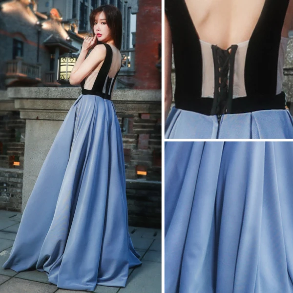 Chic / Beautiful Evening Party Formal Dresses 2017 Evening Dresses Ocean Blue Black A-Line / Princess Floor-Length / Long V-Neck Sleeveless Backless Embroidered