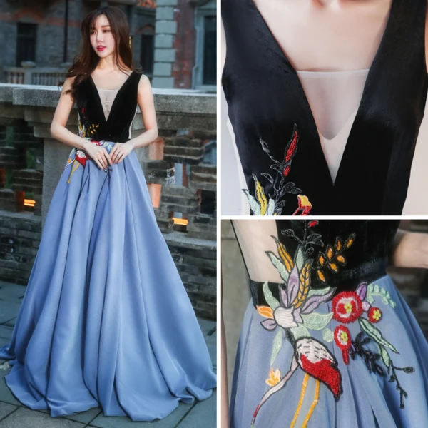 Chic / Beautiful Evening Party Formal Dresses 2017 Evening Dresses Ocean Blue Black A-Line / Princess Floor-Length / Long V-Neck Sleeveless Backless Embroidered