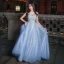 Chic / Beautiful Formal Dresses 2017 Prom Dresses Sky Blue A-Line / Princess Sweep Train V-Neck Sleeveless Backless Sash Appliques Flower Pearl