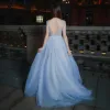 Chic / Beautiful Formal Dresses 2017 Prom Dresses Sky Blue A-Line / Princess Sweep Train V-Neck Sleeveless Backless Sash Appliques Flower Pearl
