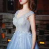 Chic / Beautiful Formal Dresses 2017 Prom Dresses Sky Blue A-Line / Princess Sweep Train V-Neck Sleeveless Backless Sash Appliques Flower Pearl