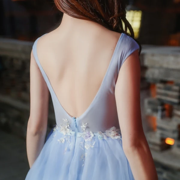 Chic / Beautiful Formal Dresses 2017 Prom Dresses Sky Blue A-Line / Princess Sweep Train V-Neck Sleeveless Backless Sash Appliques Flower Pearl