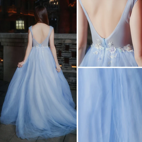 Chic / Beautiful Formal Dresses 2017 Prom Dresses Sky Blue A-Line / Princess Sweep Train V-Neck Sleeveless Backless Sash Appliques Flower Pearl