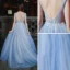 Chic / Beautiful Formal Dresses 2017 Prom Dresses Sky Blue A-Line / Princess Sweep Train V-Neck Sleeveless Backless Sash Appliques Flower Pearl