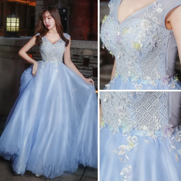 Chic / Beautiful Formal Dresses 2017 Prom Dresses Sky Blue A-Line / Princess Sweep Train V-Neck Sleeveless Backless Sash Appliques Flower Pearl