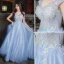 Chic / Beautiful Formal Dresses 2017 Prom Dresses Sky Blue A-Line / Princess Sweep Train V-Neck Sleeveless Backless Sash Appliques Flower Pearl