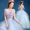 Chic / Beautiful Formal Dresses 2017 Prom Dresses Sky Blue Ball Gown Floor-Length / Long V-Neck Sleeveless Backless Sash Pearl Appliques Flower