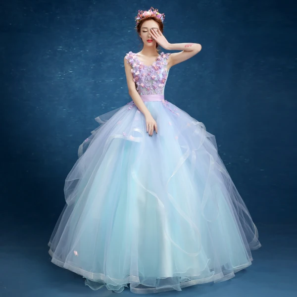 Chic / Beautiful Formal Dresses 2017 Prom Dresses Ball Gown Floor-Length / Long V-Neck Sleeveless Backless Sash Pearl Appliques Flower