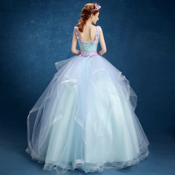 Chic / Beautiful Formal Dresses 2017 Prom Dresses Ball Gown Floor-Length / Long V-Neck Sleeveless Backless Sash Pearl Appliques Flower