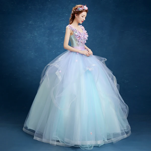 Chic / Beautiful Formal Dresses 2017 Prom Dresses Ball Gown Floor-Length / Long V-Neck Sleeveless Backless Sash Pearl Appliques Flower
