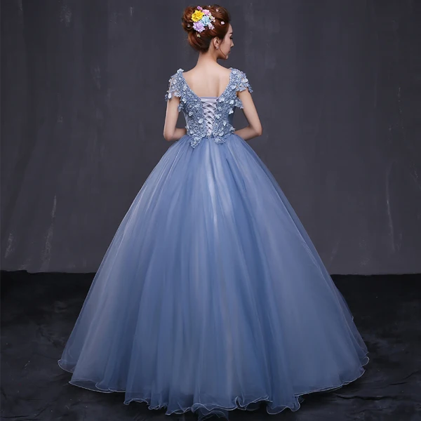Chic / Beautiful Formal Dresses 2017 Prom Dresses Sky Blue Ball Gown Floor-Length / Long V-Neck Sleeveless Backless Appliques Flower Rhinestone Sequins