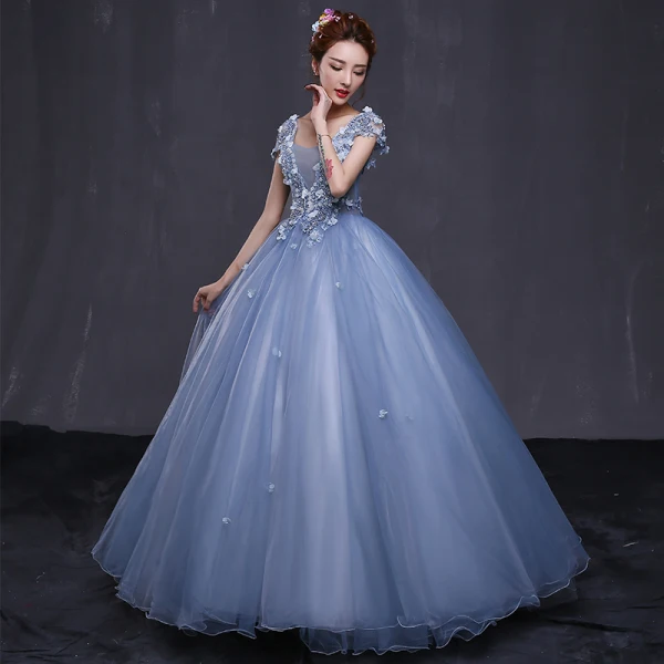 Chic / Beautiful Formal Dresses 2017 Prom Dresses Sky Blue Ball Gown Floor-Length / Long V-Neck Sleeveless Backless Appliques Flower Rhinestone Sequins