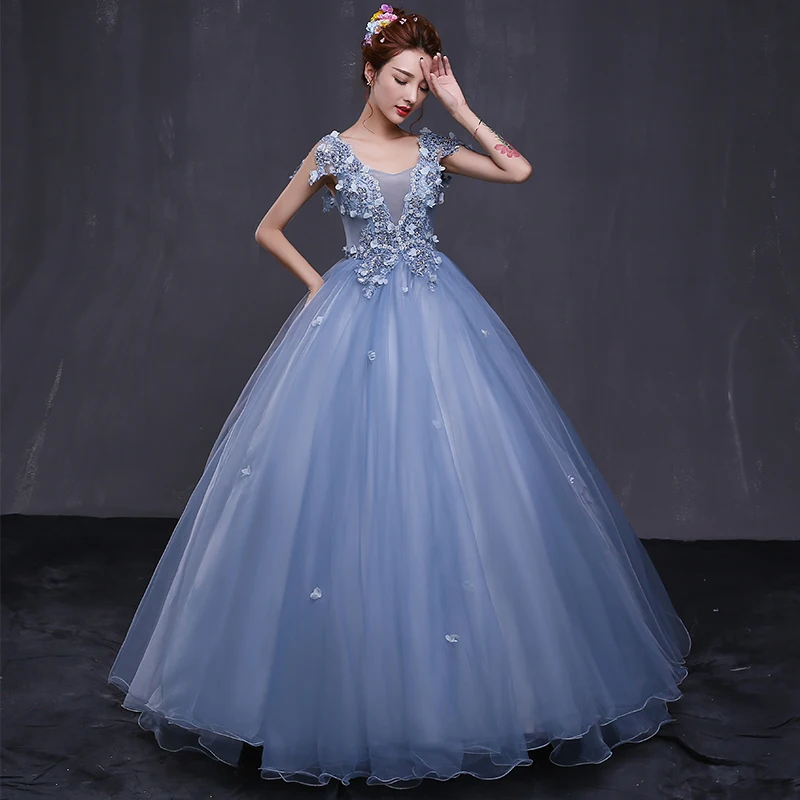 Chic Beautiful Formal Dresses 2017 Prom Dresses Sky Blue Ball Gown Floor  Length Long V Neck Sleeveless Backless Appliques Flower Rhinestone Sequins