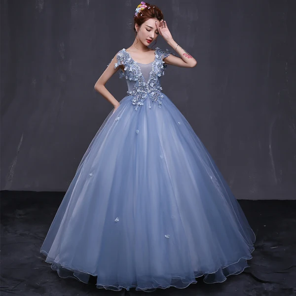 Chic / Beautiful Formal Dresses 2017 Prom Dresses Sky Blue Ball Gown Floor-Length / Long V-Neck Sleeveless Backless Appliques Flower Rhinestone Sequins