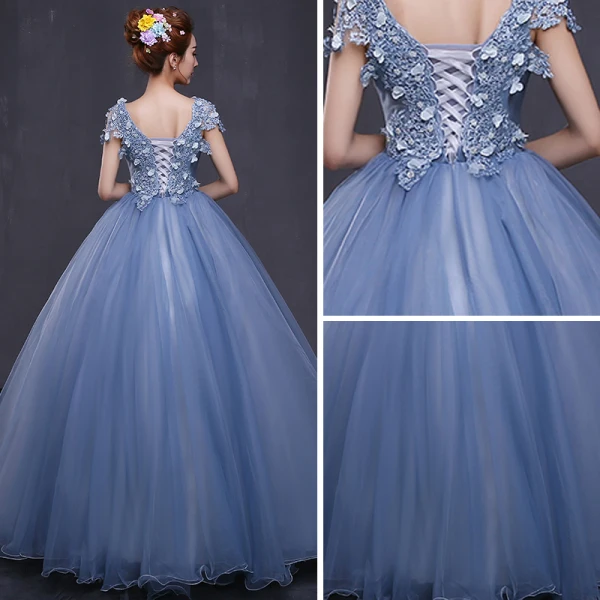 Chic / Beautiful Formal Dresses 2017 Prom Dresses Sky Blue Ball Gown Floor-Length / Long V-Neck Sleeveless Backless Appliques Flower Rhinestone Sequins
