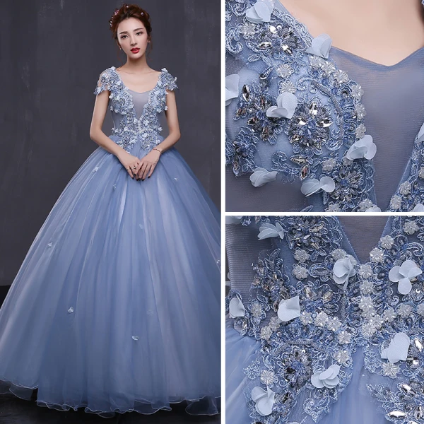 Chic / Beautiful Formal Dresses 2017 Prom Dresses Sky Blue Ball Gown Floor-Length / Long V-Neck Sleeveless Backless Appliques Flower Rhinestone Sequins
