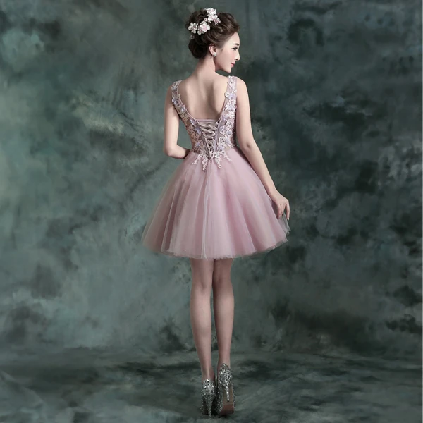 Chic / Beautiful Lavender Cocktail Party Cocktail Dresses 2017 Lace Appliques Flower Rhinestone Pearl Sleeveless V-Neck Backless Short Ball Gown