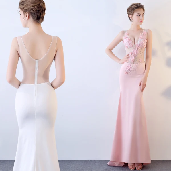 Sexy Rougissant Rose Transparentes Robe De Soirée 2018 Trompette / Sirène V-Cou Sans Manches Appliques Fleur Faux Diamant Perlage Train De Balayage Robe De Ceremonie