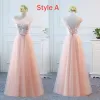 Chic / Beautiful Pearl Pink Bridesmaid Dresses 2018 A-Line / Princess Appliques Lace Bow Sash Floor-Length / Long Ruffle Backless Wedding Party Dresses