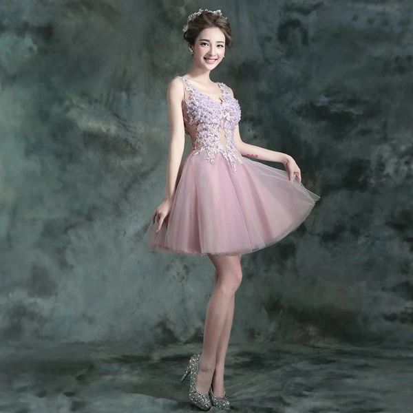 Chic / Beautiful Lavender Cocktail Party Cocktail Dresses 2017 Lace Appliques Flower Rhinestone Pearl Sleeveless V-Neck Backless Short Ball Gown