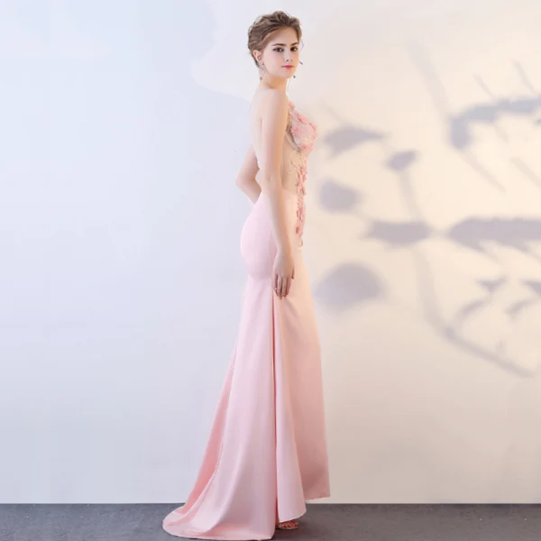 Sexy Rougissant Rose Transparentes Robe De Soirée 2018 Trompette / Sirène V-Cou Sans Manches Appliques Fleur Faux Diamant Perlage Train De Balayage Robe De Ceremonie