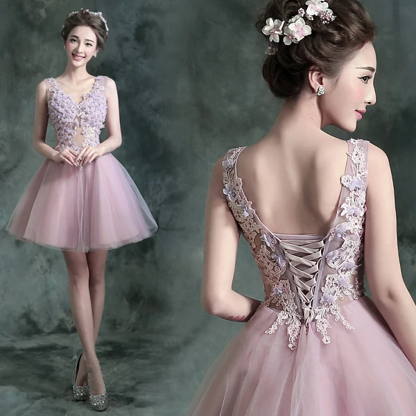 Chic / Beautiful Lavender Cocktail Party Cocktail Dresses 2017 Lace Appliques Flower Rhinestone Pearl Sleeveless V-Neck Backless Short Ball Gown