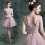 Chic / Beautiful Lavender Cocktail Party Cocktail Dresses 2017 Lace Appliques Flower Rhinestone Pearl Sleeveless V-Neck Backless Short Ball Gown