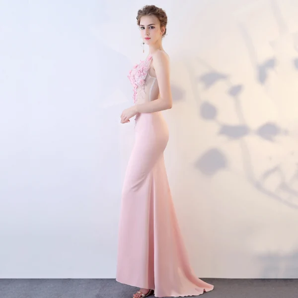 Sexy Rougissant Rose Transparentes Robe De Soirée 2018 Trompette / Sirène V-Cou Sans Manches Appliques Fleur Faux Diamant Perlage Train De Balayage Robe De Ceremonie