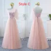 Chic / Beautiful Pearl Pink Bridesmaid Dresses 2018 A-Line / Princess Appliques Lace Bow Sash Floor-Length / Long Ruffle Backless Wedding Party Dresses