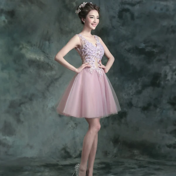 Chic / Beautiful Lavender Cocktail Party Cocktail Dresses 2017 Lace Appliques Flower Rhinestone Pearl Sleeveless V-Neck Backless Short Ball Gown