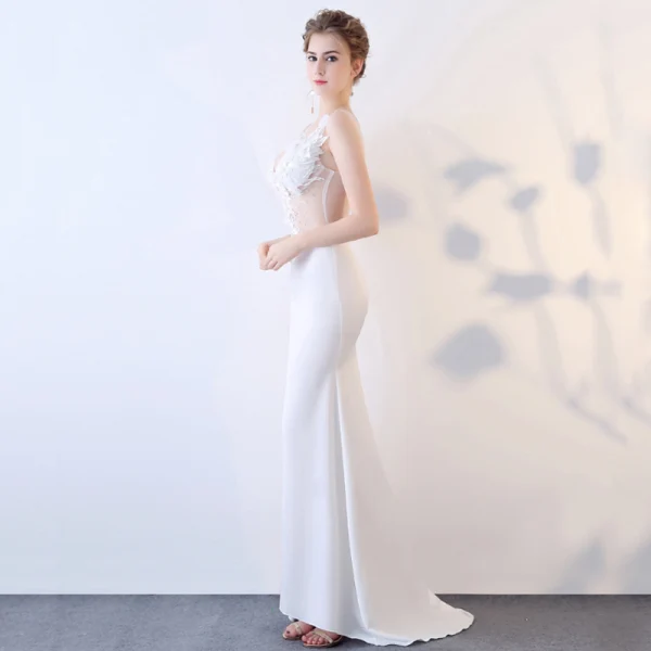 Sexy Rougissant Rose Transparentes Robe De Soirée 2018 Trompette / Sirène V-Cou Sans Manches Appliques Fleur Faux Diamant Perlage Train De Balayage Robe De Ceremonie
