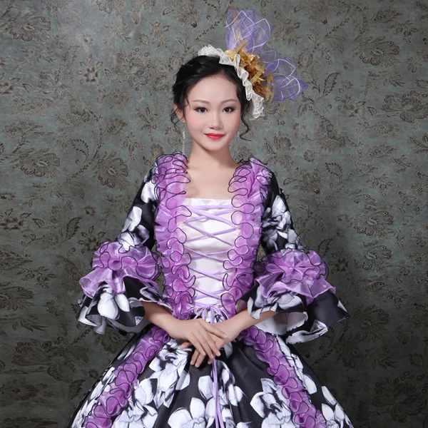 Vintage / Retro Medieval Black Ball Gown Prom Dresses 2021 Long Sleeve Square Neckline Zipper Up Floor-Length / Long Printing Flower Lace Satin Cosplay Prom Formal Dresses