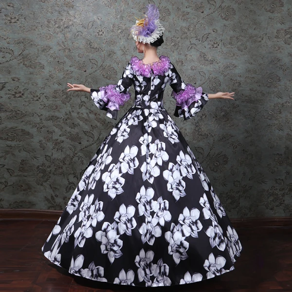 Vintage / Retro Medieval Black Ball Gown Prom Dresses 2021 Long Sleeve Square Neckline Zipper Up Floor-Length / Long Printing Flower Lace Satin Cosplay Prom Formal Dresses