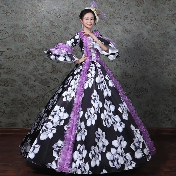 Vintage / Retro Medieval Black Ball Gown Prom Dresses 2021 Long Sleeve Square Neckline Zipper Up Floor-Length / Long Printing Flower Lace Satin Cosplay Prom Formal Dresses