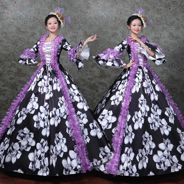 Vintage / Retro Medieval Black Ball Gown Prom Dresses 2021 Long Sleeve Square Neckline Zipper Up Floor-Length / Long Printing Flower Lace Satin Cosplay Prom Formal Dresses