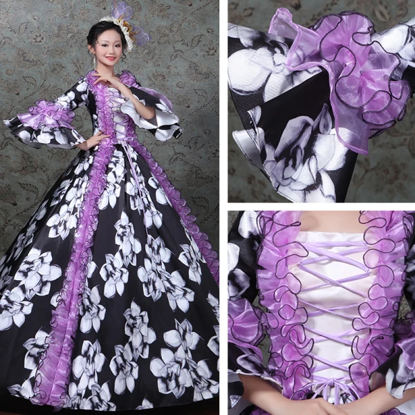 Vintage / Retro Medieval Black Ball Gown Prom Dresses 2021 Long Sleeve Square Neckline Zipper Up Floor-Length / Long Printing Flower Lace Satin Cosplay Prom Formal Dresses