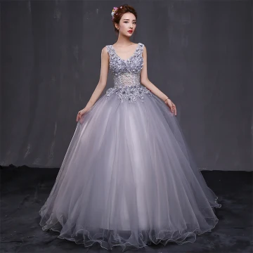 Chic Beautiful Prom Formal Dresses 2017 Prom Dresses Grey Ball Gown Floor Length Long V Neck Backless Sleeveless Appliques Flower Pearl