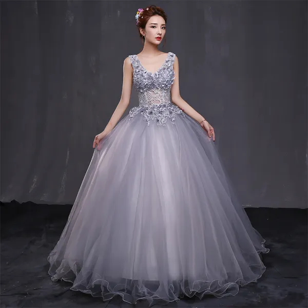 Chic / Beautiful Prom Formal Dresses 2017 Prom Dresses Grey Ball Gown Floor-Length / Long V-Neck Backless Sleeveless Appliques Flower Pearl