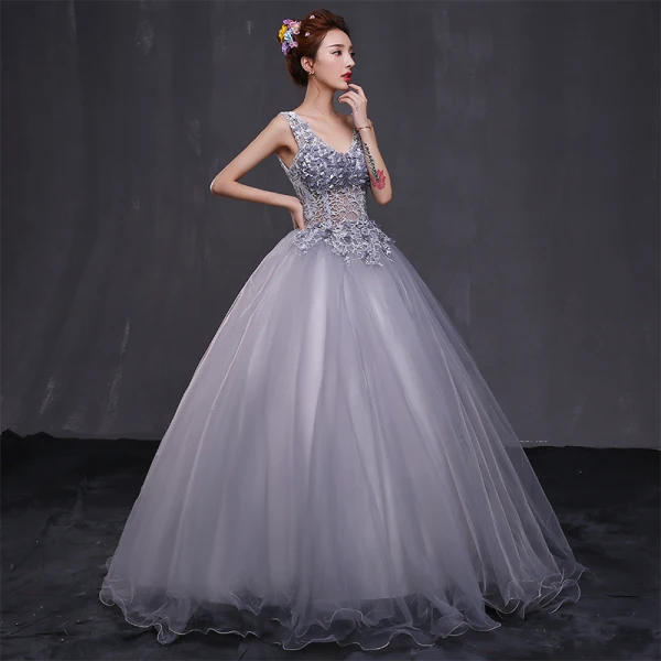 Chic / Beautiful Prom Formal Dresses 2017 Prom Dresses Grey Ball Gown Floor-Length / Long V-Neck Backless Sleeveless Appliques Flower Pearl