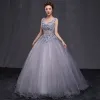 Chic / Beautiful Prom Formal Dresses 2017 Prom Dresses Grey Ball Gown Floor-Length / Long V-Neck Backless Sleeveless Appliques Flower Pearl