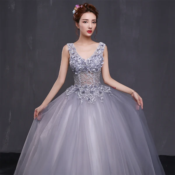 Chic / Beautiful Prom Formal Dresses 2017 Prom Dresses Grey Ball Gown Floor-Length / Long V-Neck Backless Sleeveless Appliques Flower Pearl