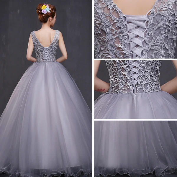 Chic / Beautiful Prom Formal Dresses 2017 Prom Dresses Grey Ball Gown Floor-Length / Long V-Neck Backless Sleeveless Appliques Flower Pearl