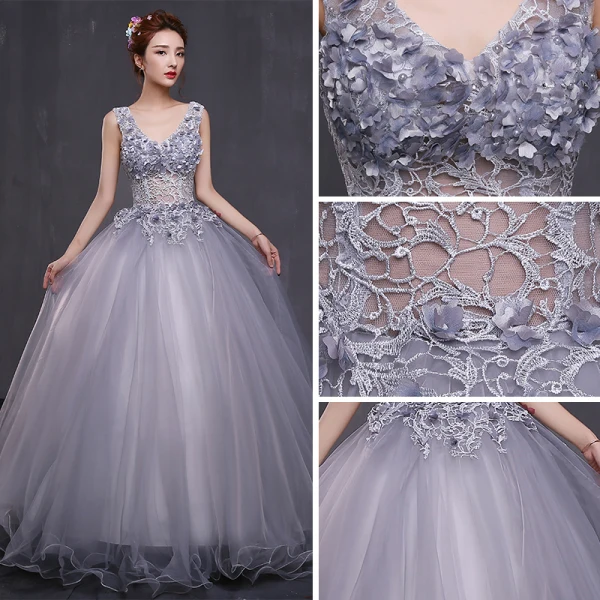 Chic / Beautiful Prom Formal Dresses 2017 Prom Dresses Grey Ball Gown Floor-Length / Long V-Neck Backless Sleeveless Appliques Flower Pearl