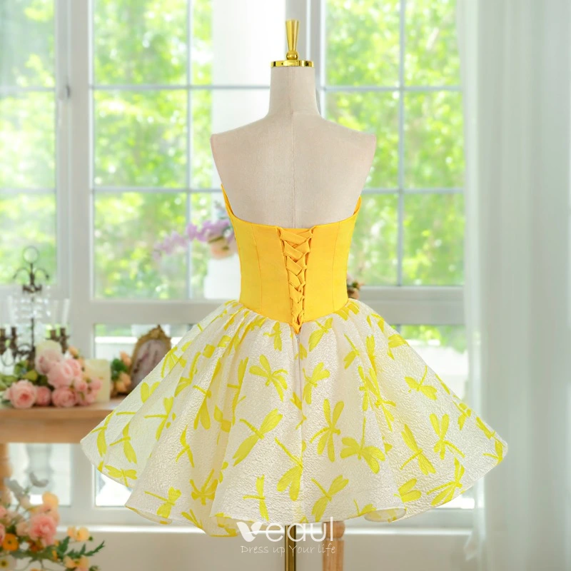 green emerald velvet dress Knee Length Yellow Graduation Dresses for Teens V Neck Hoco Dress SD12 –  Viniodress main image 1